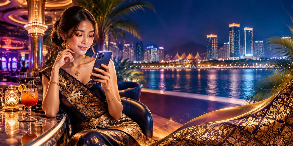 Perempuan muda mengakses akun casino online melalui ponsel di tempat santai